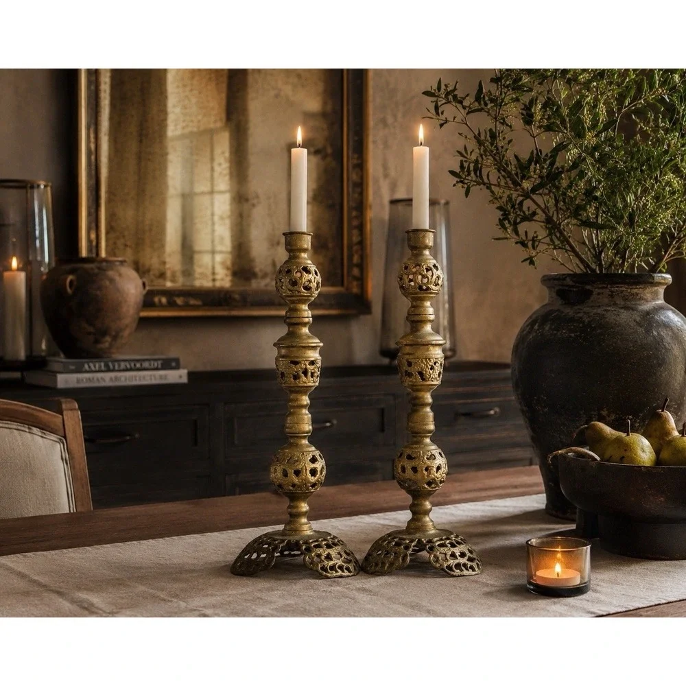 Pair Brass Filigree Taper Candlesticks 13